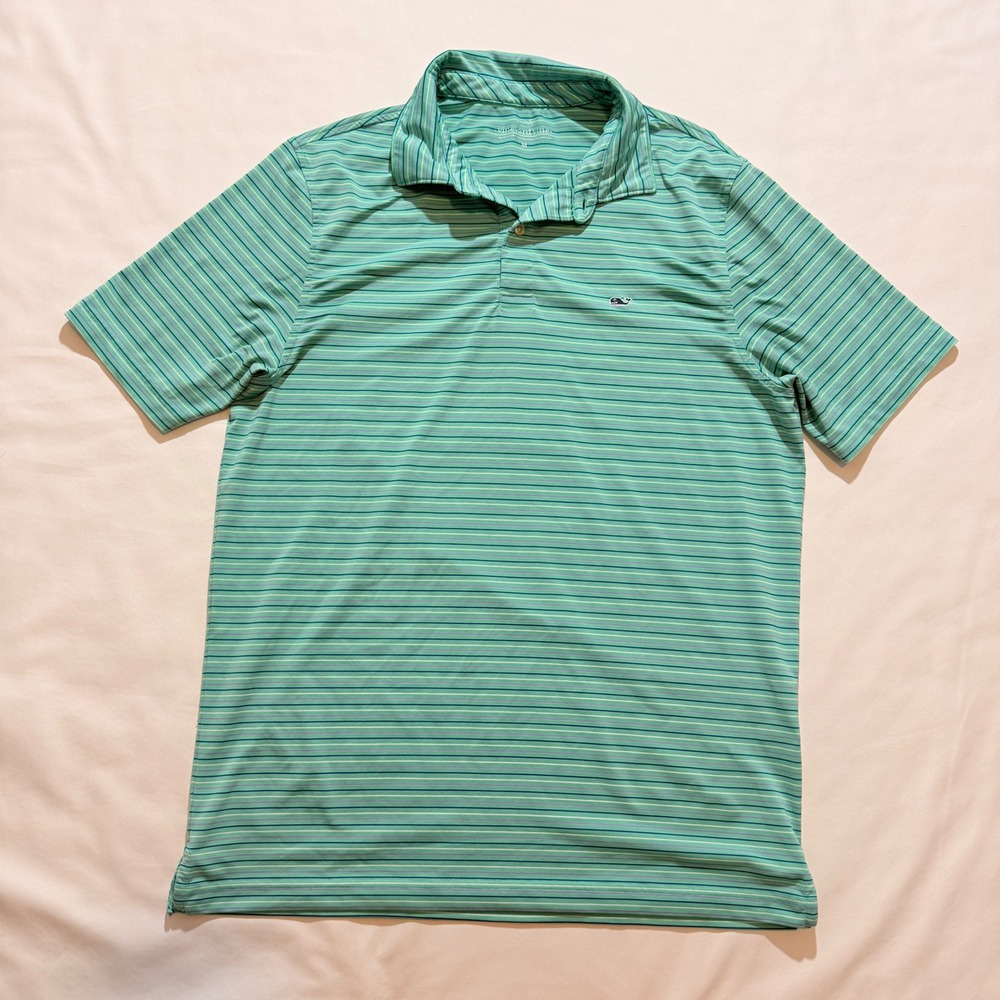 Vineyard Vines Polo Shirt Mens Medium Green Striped Performance Short Sleeve